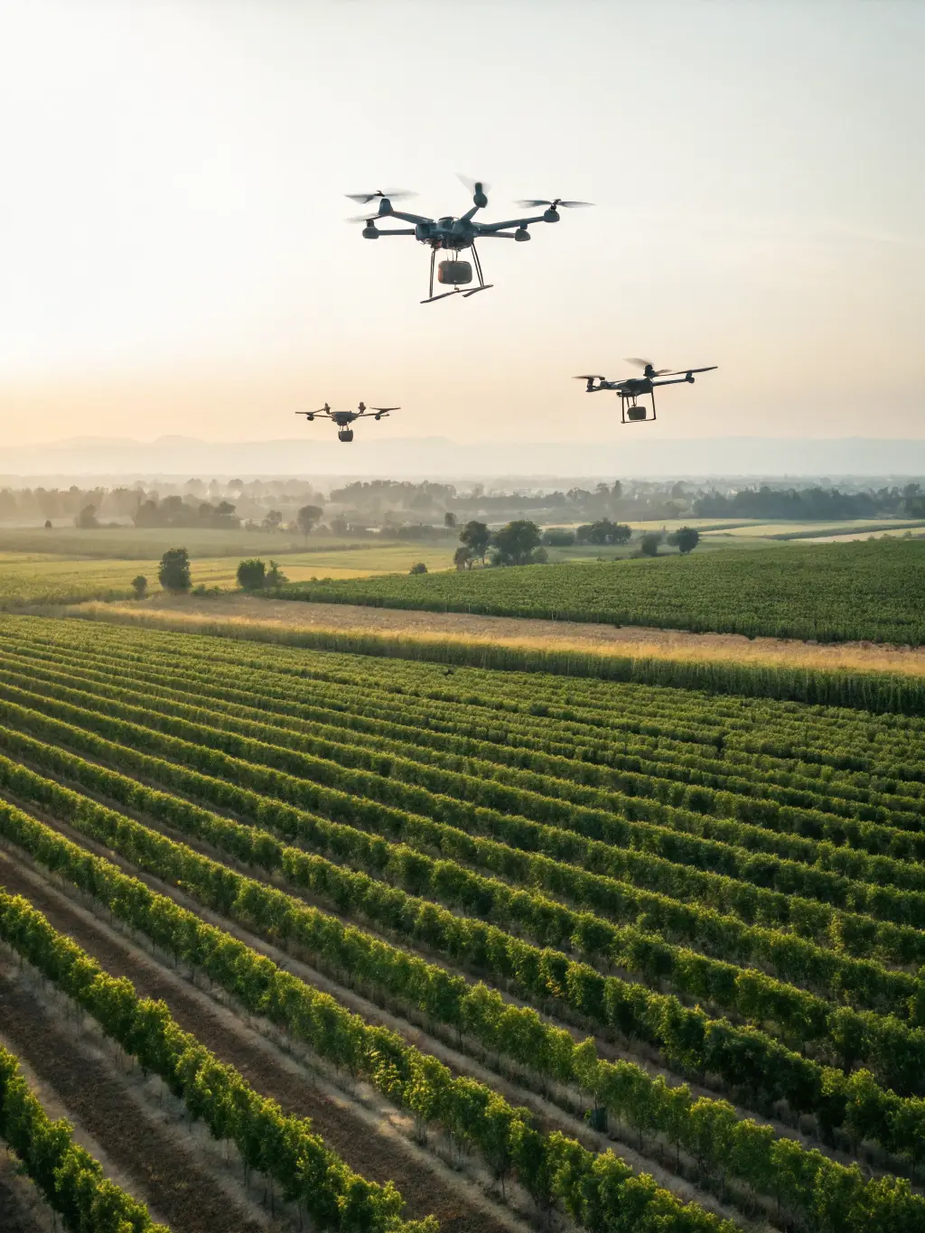 A drone flying over a vast agricultural field, capturing multispectral imagery for plant health analysis, demonstrating Adriatic Harvest's remote sensing capabilities.