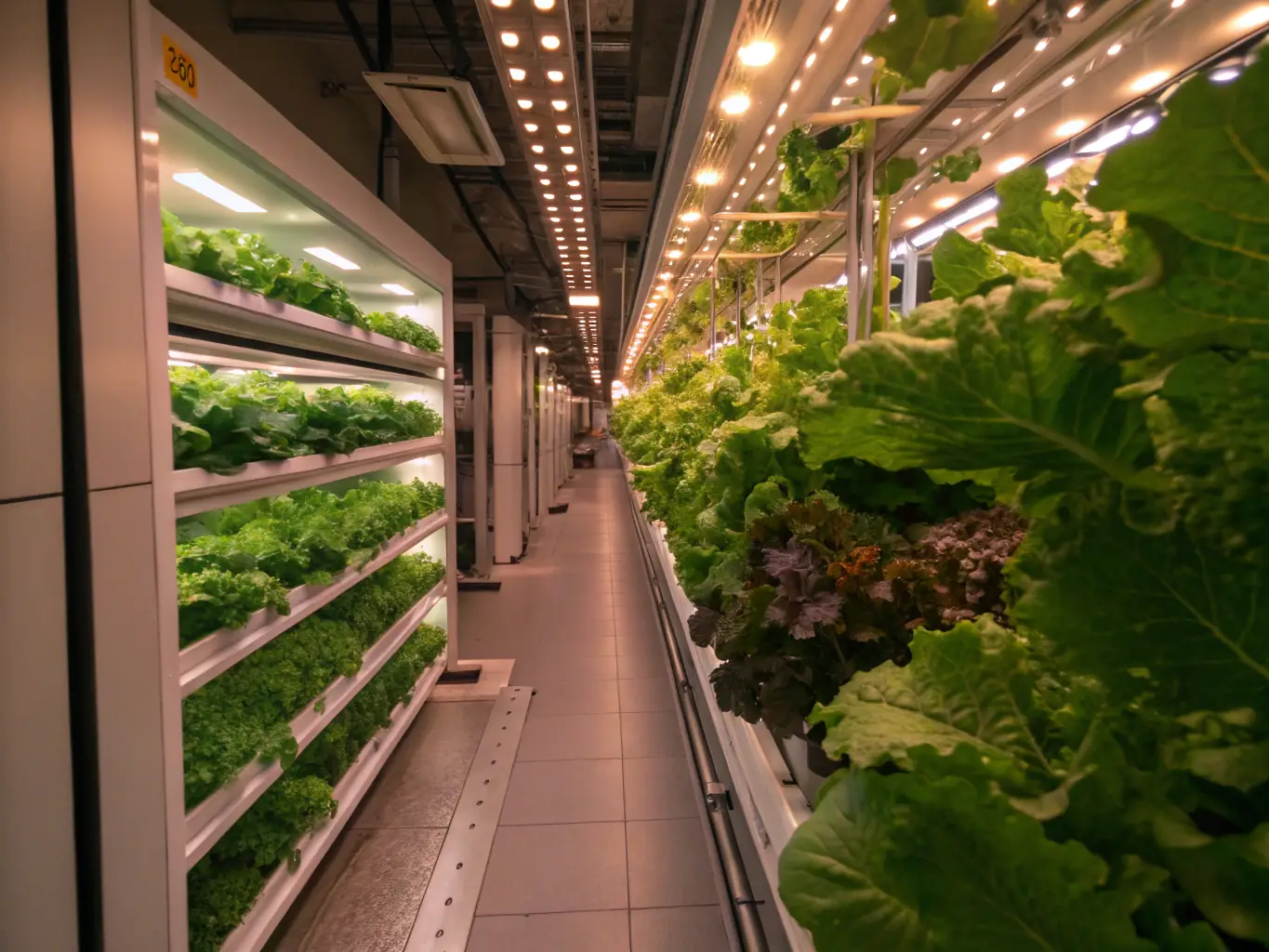 A futuristic vertical farm operated by Adriatic Harvest™, showcasing advanced hydroponic systems and AI-powered climate control for year-round crop production.