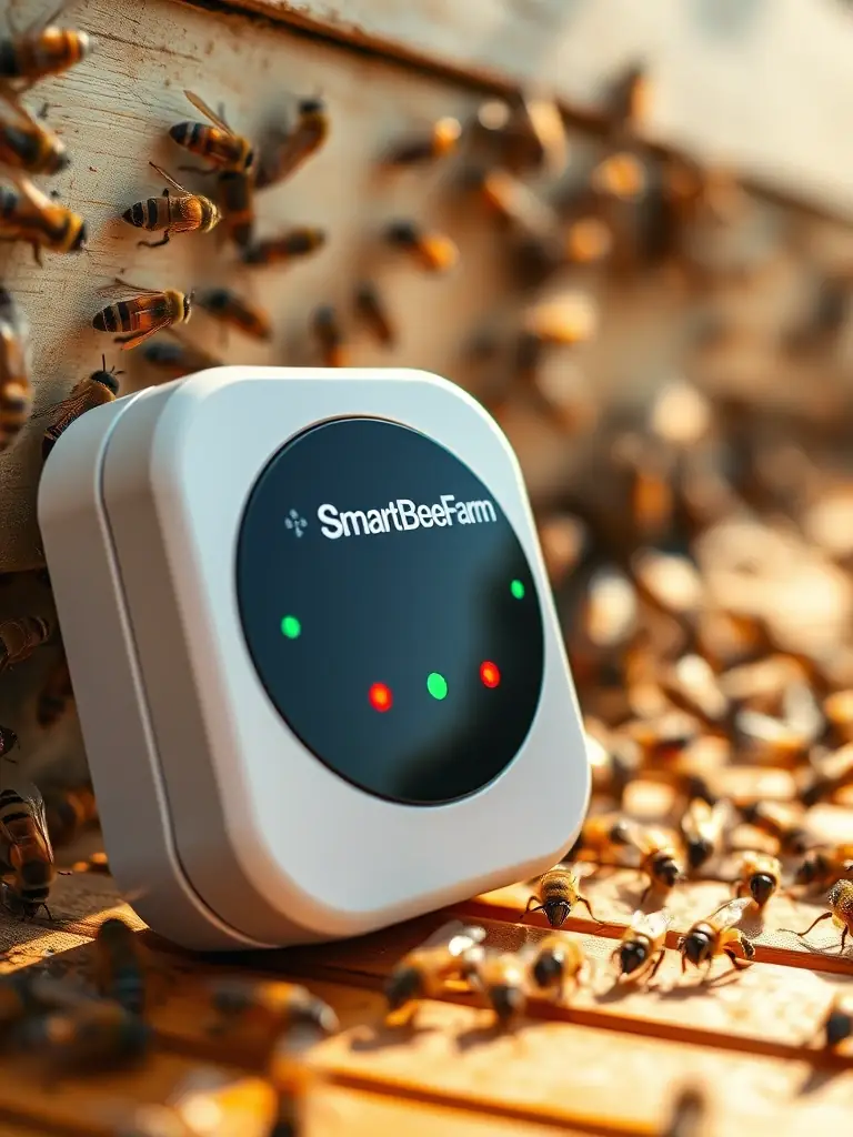 Close-up shot of a HarvestBees™ smart hive with sensors and monitoring equipment visible, showcasing the integration of technology in beekeeping.