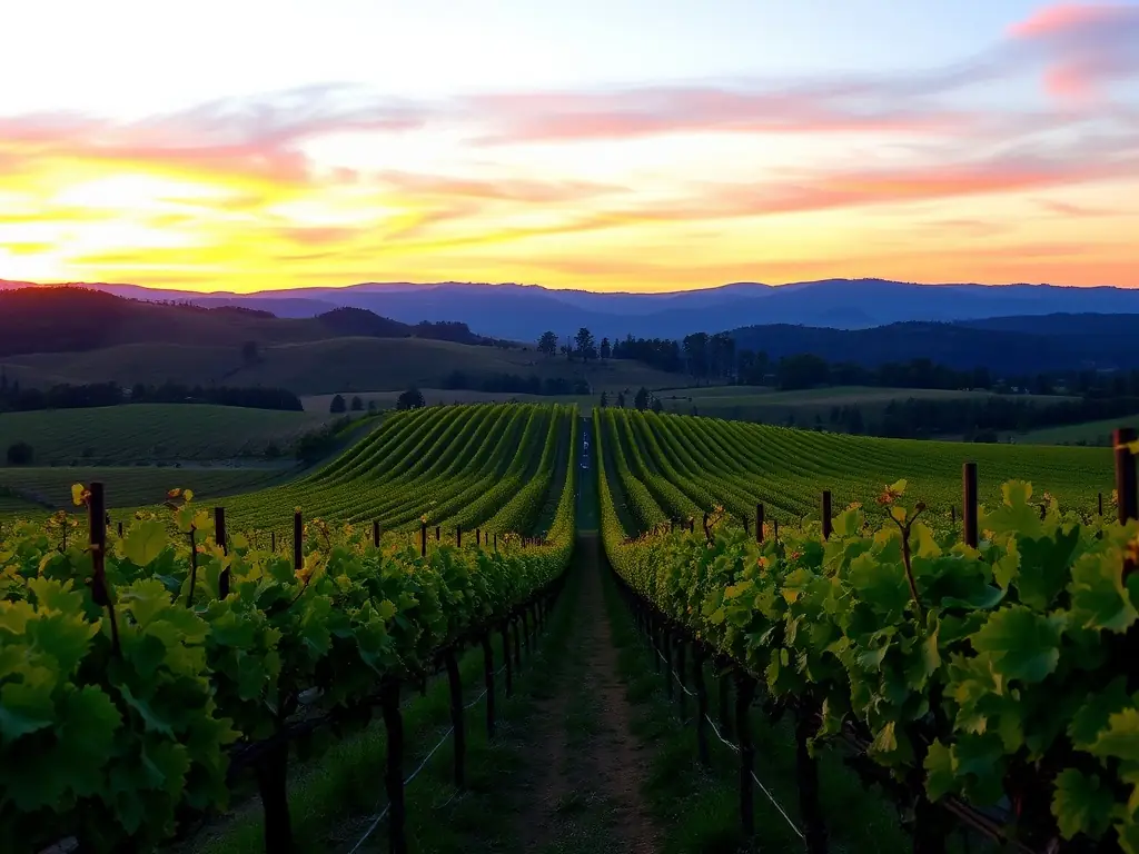 A detailed shot of an Albanian vineyard at sunset, showcasing rows of grapevines with the HarvestIQ™ AI monitoring system displayed on a tablet in the foreground. The image emphasizes the blend of nature and technology.