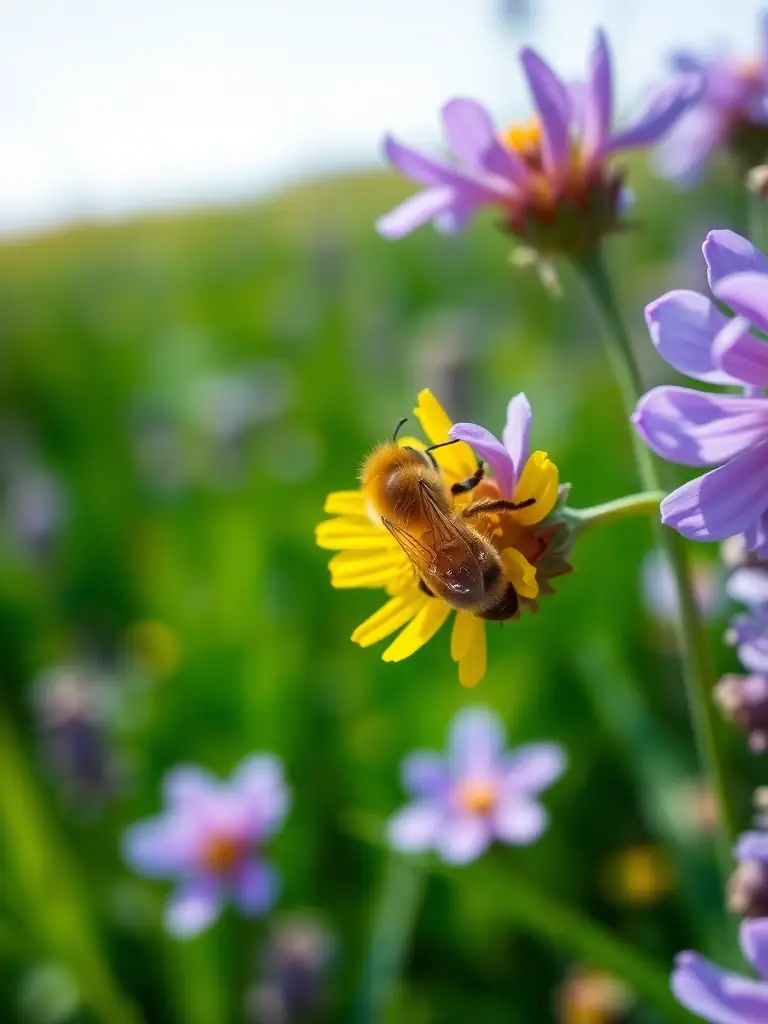 Close-up shot of a bee landing on a vibrant lavender flower in a field, illustrating selective foraging design.