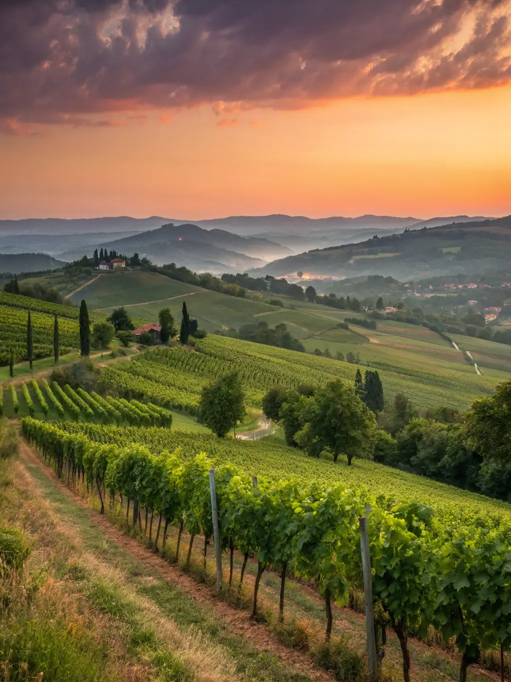 A vineyard landscape with a modern winery in the background, emphasizing the blend of traditional winemaking with innovative technology.