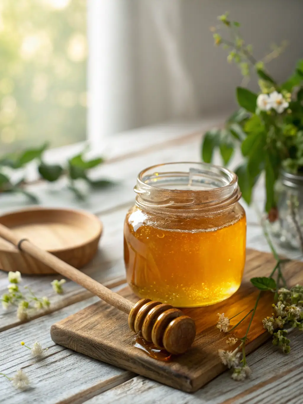Close-up shot of a golden jar of HarvestGold™ honey with a visible honeycomb pattern, emphasizing its natural and premium quality. The jar is placed on a rustic wooden surface with soft, natural lighting.