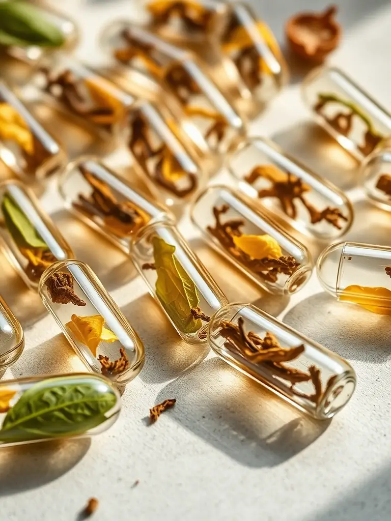 A microscopic view of HarvestInfused™ botanical capsules releasing natural flavors into the honeycomb, showcasing the innovative in-hive infusion process. The image should convey scientific precision and natural ingredients.