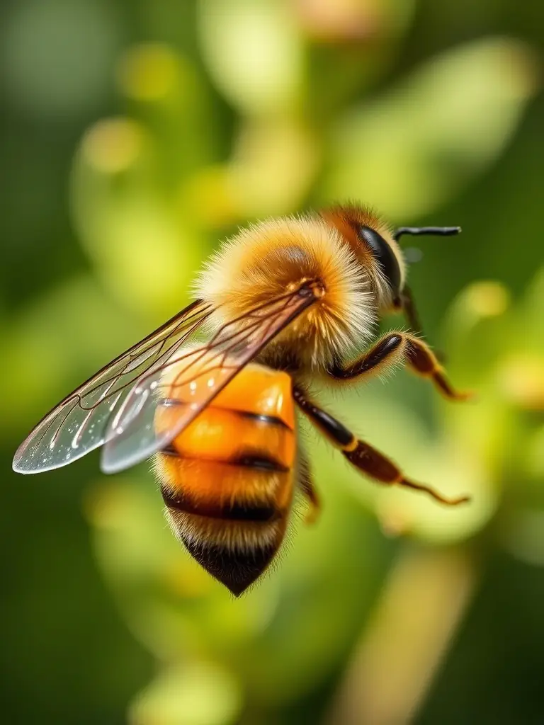 A queen bee in a specially designed breeding chamber, with AI-generated data visualizations overlaid, showing lineage information and predicted honey flavor profiles.