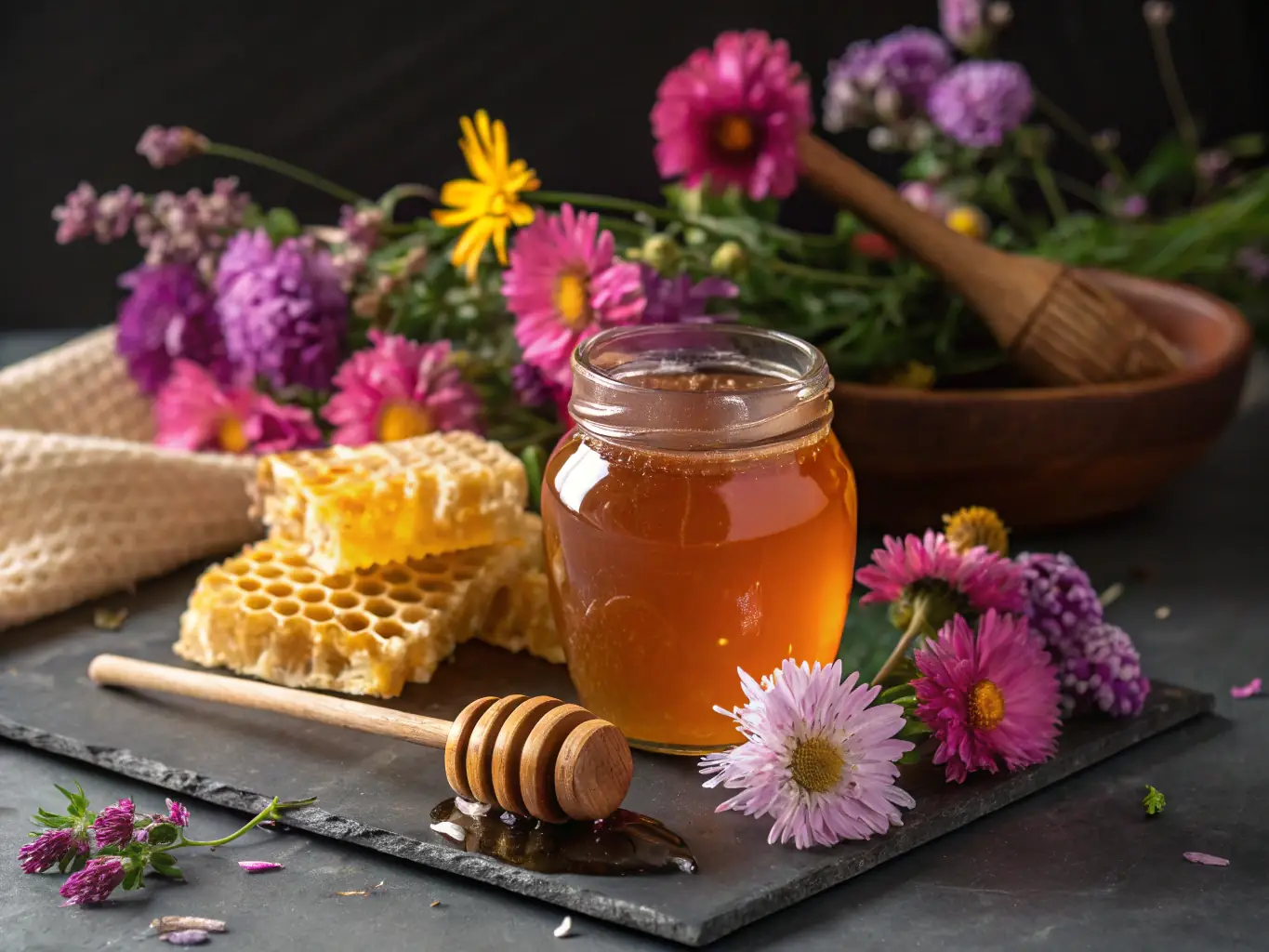 A visually appealing image of honey being extracted from a HarvestHive™, highlighting the unique botanical infusions and the purity of the final product.