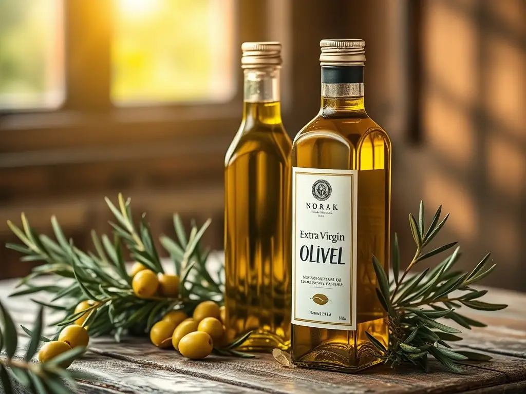 A photograph showcasing a bottle of HarvestPress™ Classic olive oil, highlighting its golden color and elegant packaging, set against a backdrop of a sun-drenched olive grove.