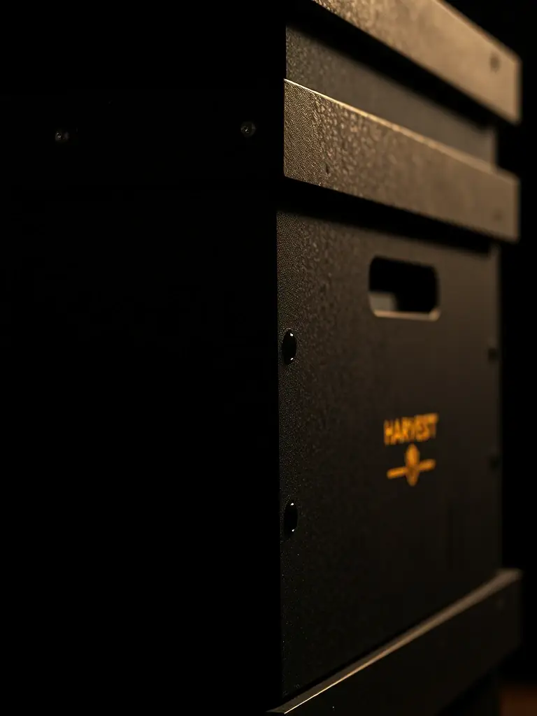 A photo of a HarvestHive™ with integrated sensors, showing how the sensors capture detailed internal hive conditions. The image should highlight the unobtrusive nature of the sensors and the overall sleek design of the hive.