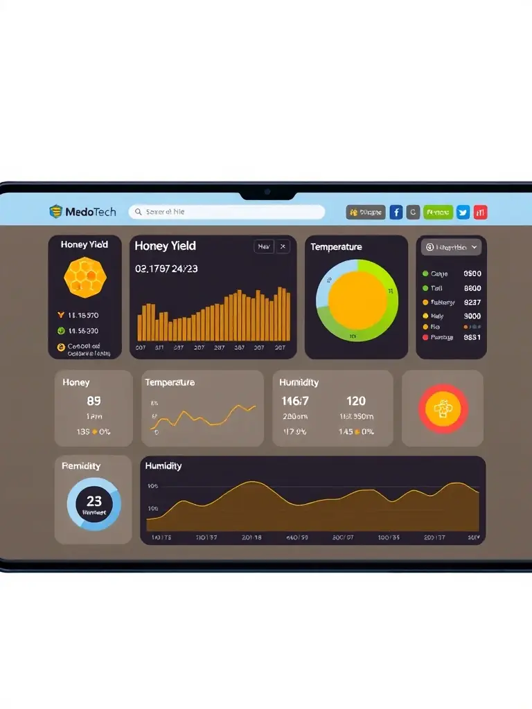 A visual representation of the HarvestIQ™ AI platform interface, showing data analytics and insights related to hive health and honey production optimization.