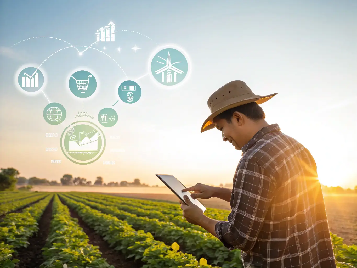 A digital illustration showcasing the HarvestIQ™ platform interface, displaying real-time data analysis of crop health, soil conditions, and weather patterns, set against a backdrop of lush, green fields.