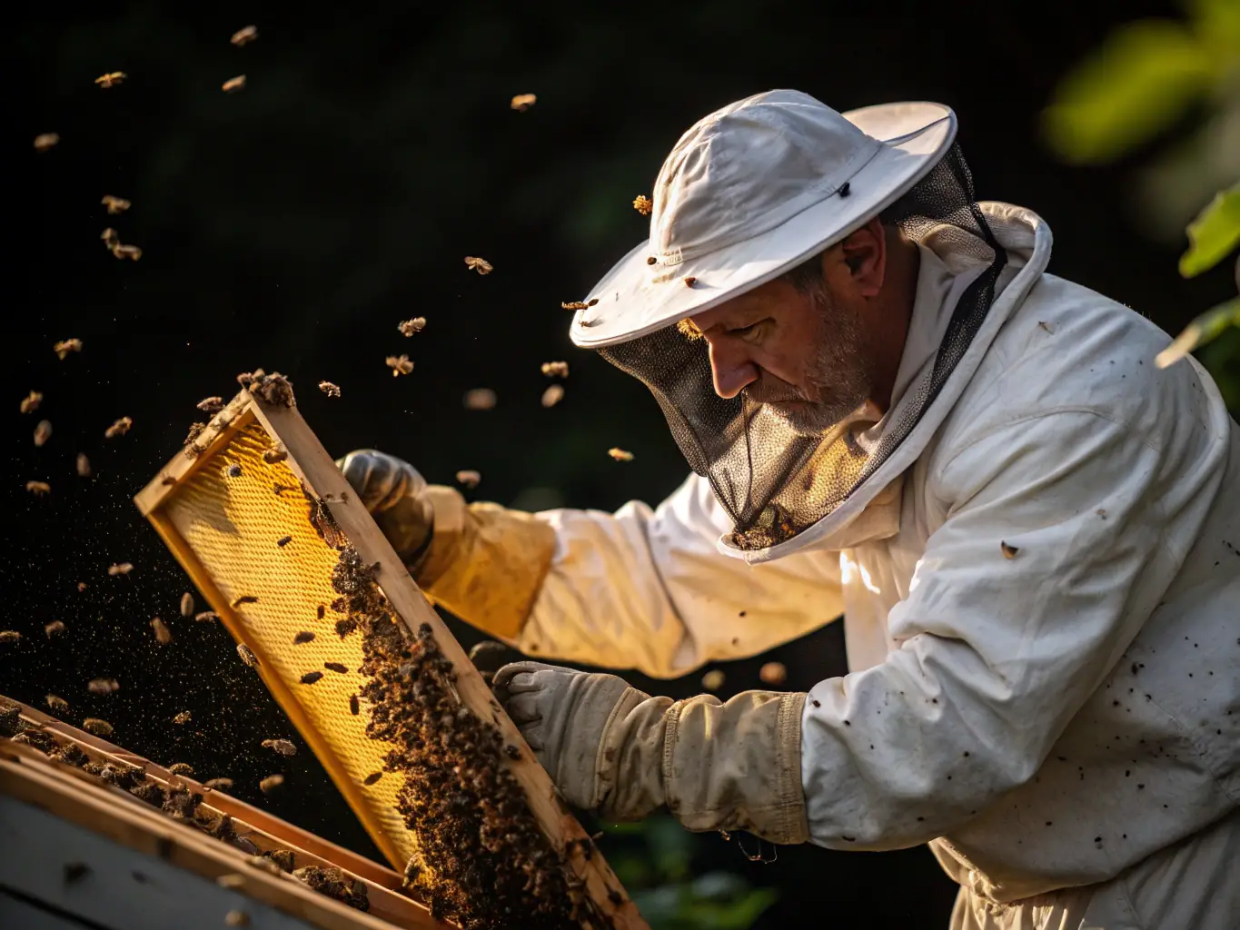 A close-up shot of a high-tech beehive equipped with sensors and monitoring devices, surrounded by bees and flowering plants, with a focus on sustainable beekeeping practices.
